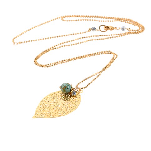 Van Gogh Necklace with gold plated leaf and gemstone, by Ellen Beekmans